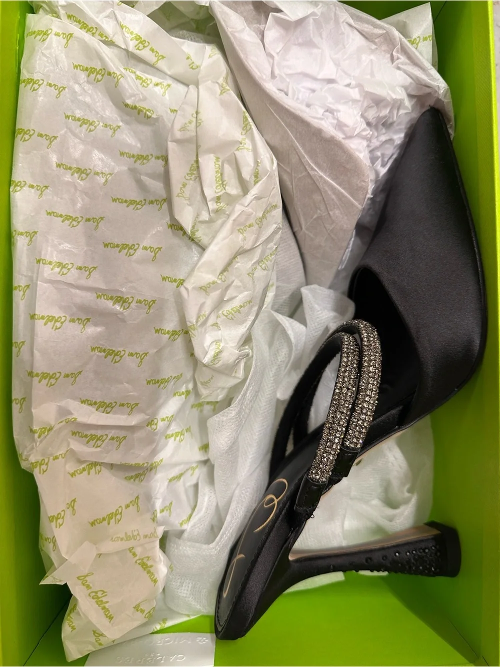 Sam Edelman Black Pointed Satin Mules with Rhinestone Double Straps